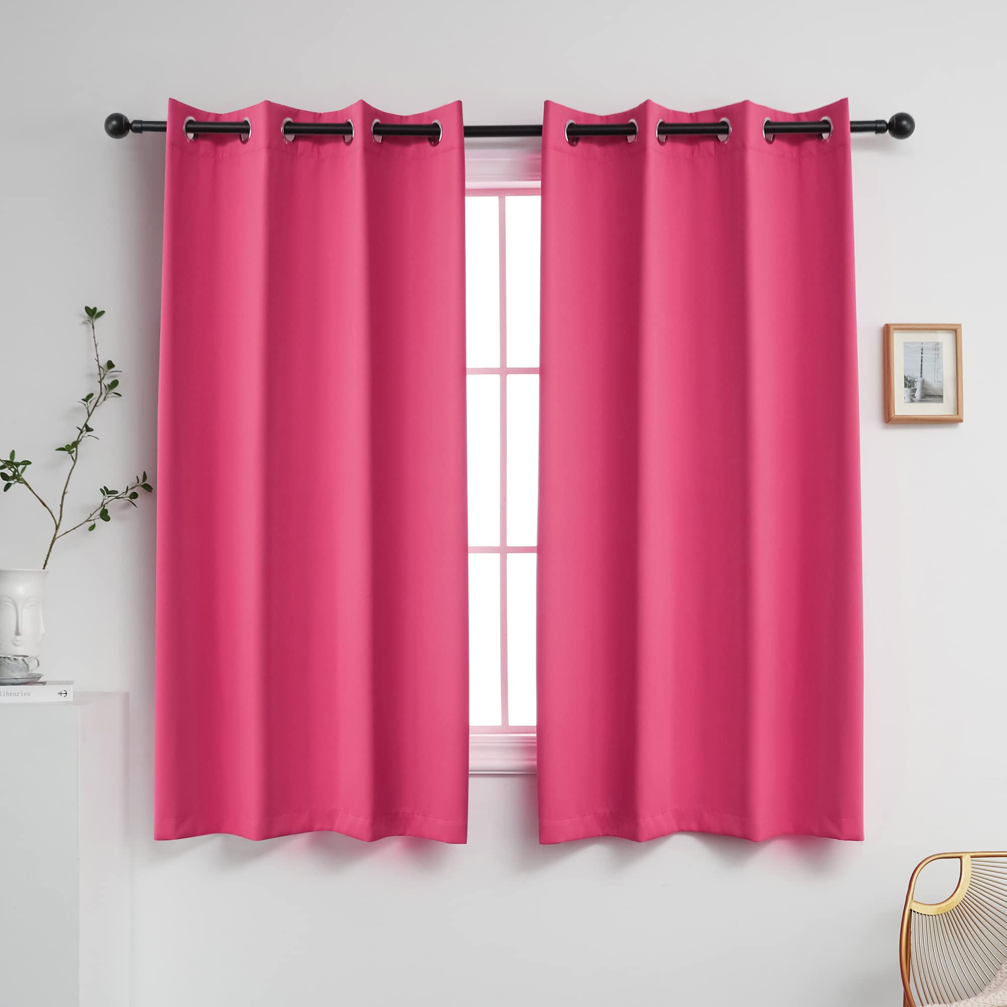 Ygo Pink Curtains 45 Inch Length For Kids Room Thermal Insulated Hot Pink Blackout Curtains For Bedroom Small Short Window Drape